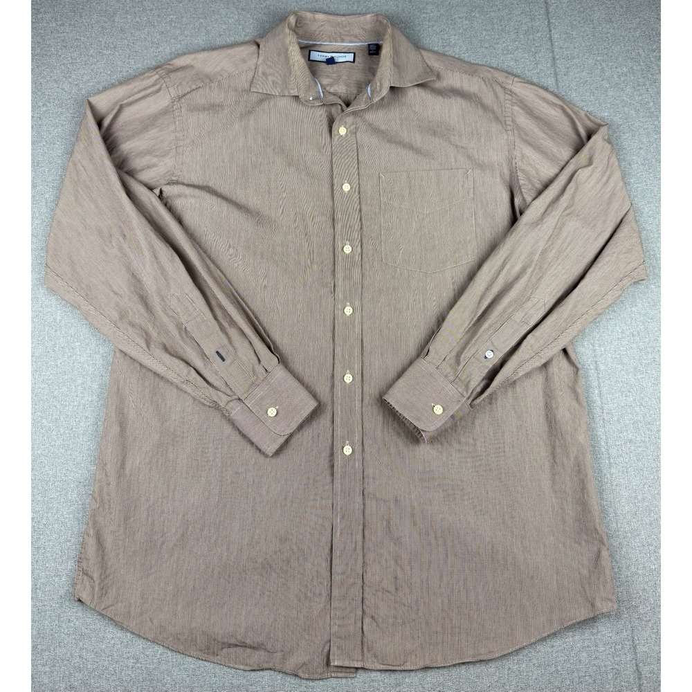 Tommy Hilfiger Ithaca Mens 16 34-35 Brown Striped Button Down Dress Shirt